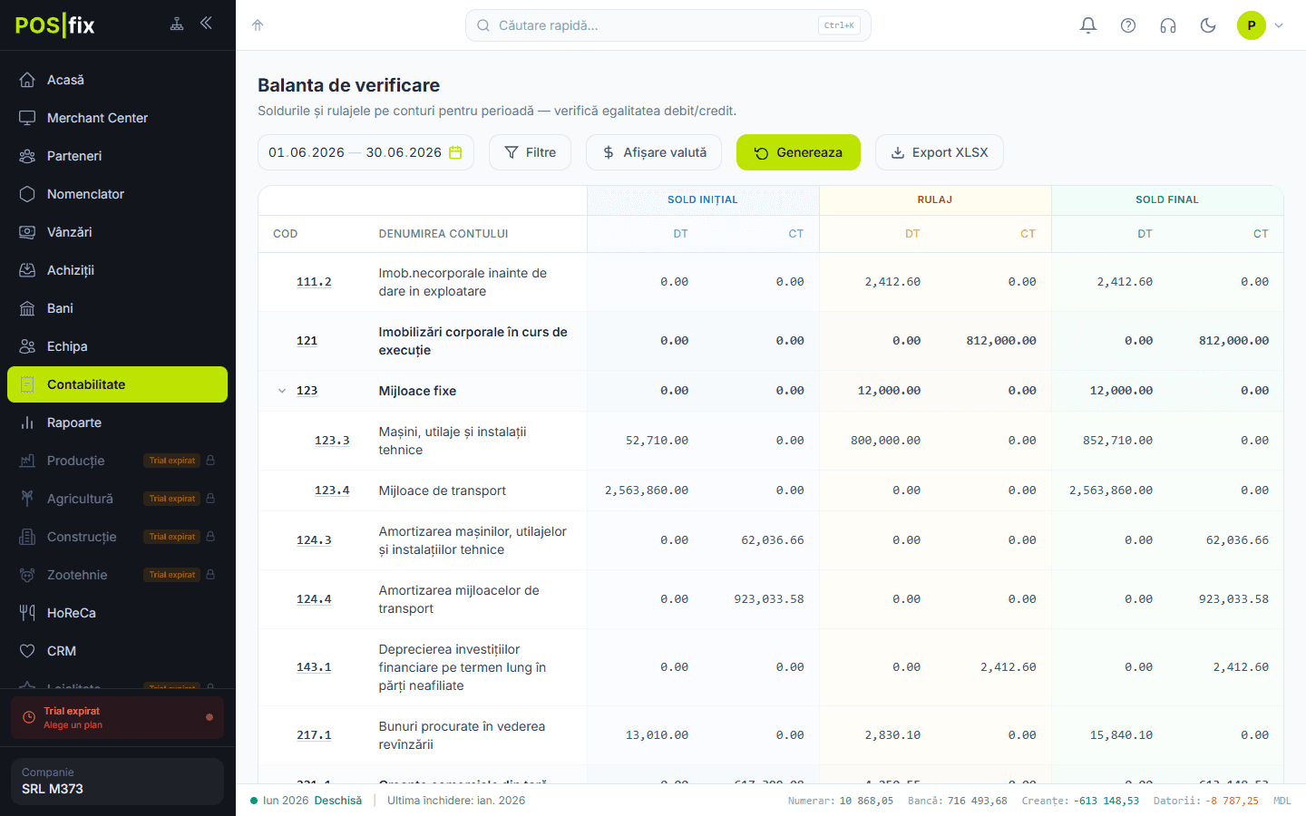 Balanța de verificare în Control Panel POSfix