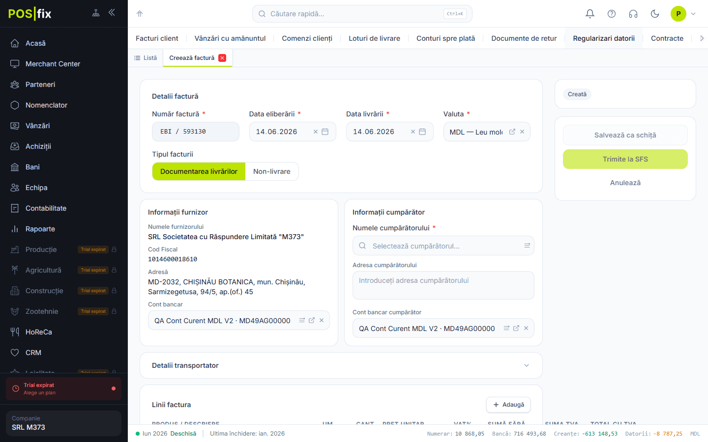 Creare e-Factură în Control Panel POSfix